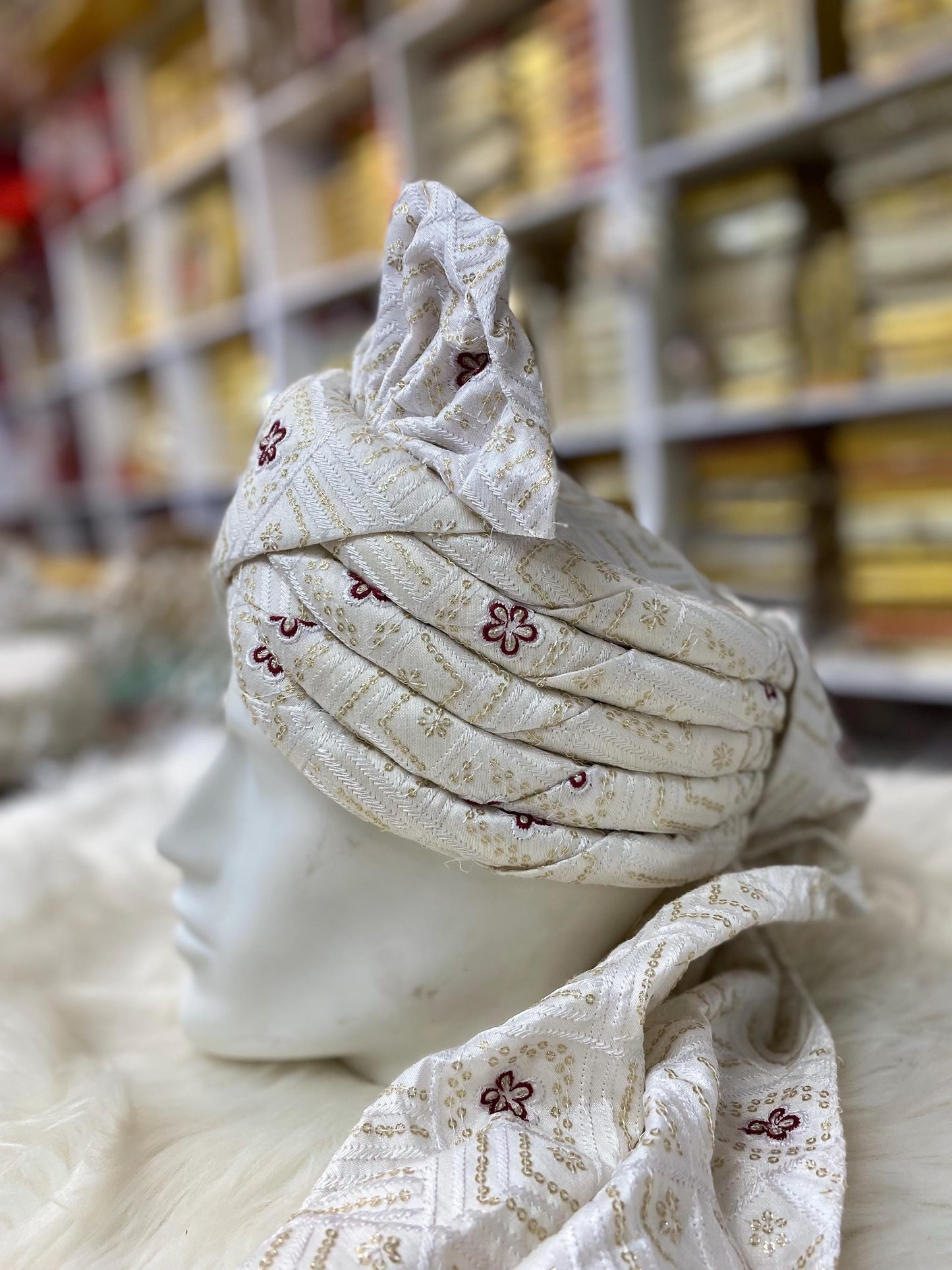 Groom Wedding Turban- White Chikankari AdjustableTurban(with velcro) with Maroon Flower Design- Safa, Pagdi, Premade Turban/ Wedding Safa