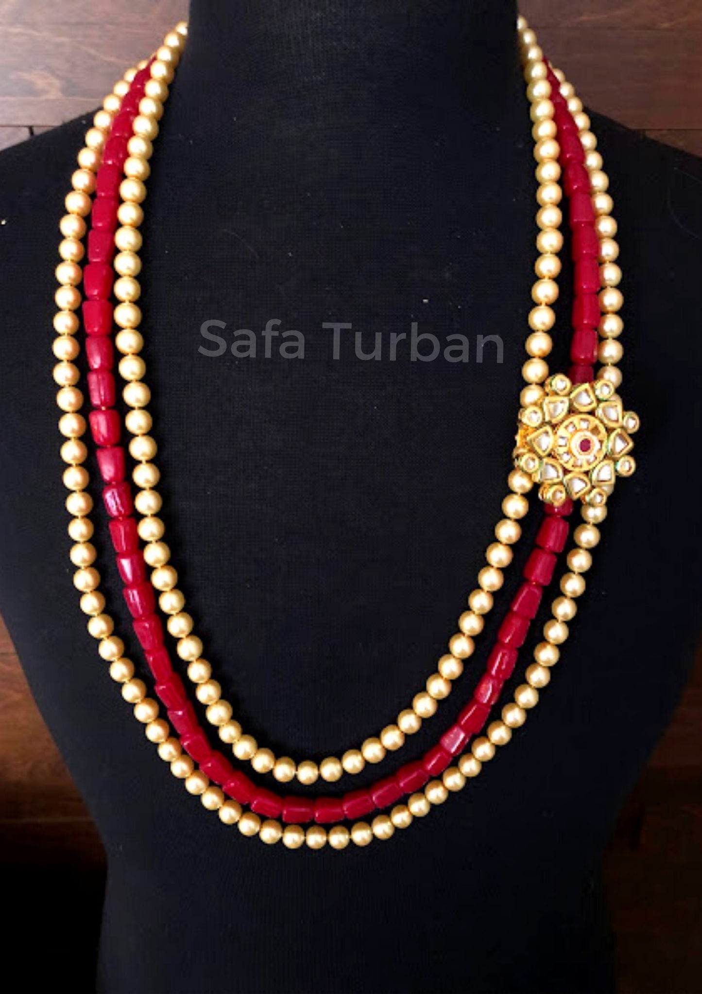 Indian Wedding- Pearl Necklace with Kundan Brooch for Men/Groom for Wedding (Cream/Golden/Red Beads)