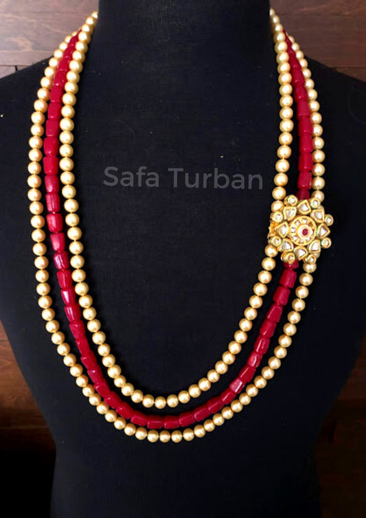 Indian Wedding- Pearl Necklace with Kundan Brooch for Men/Groom for Wedding (Cream/Golden/Red Beads)