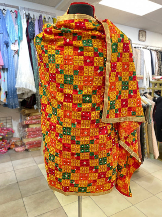 Phulkari Dupatta- Women's Phulkari Dupatta, Scarf, Multicolour Phulkari Chunni, Dupatta