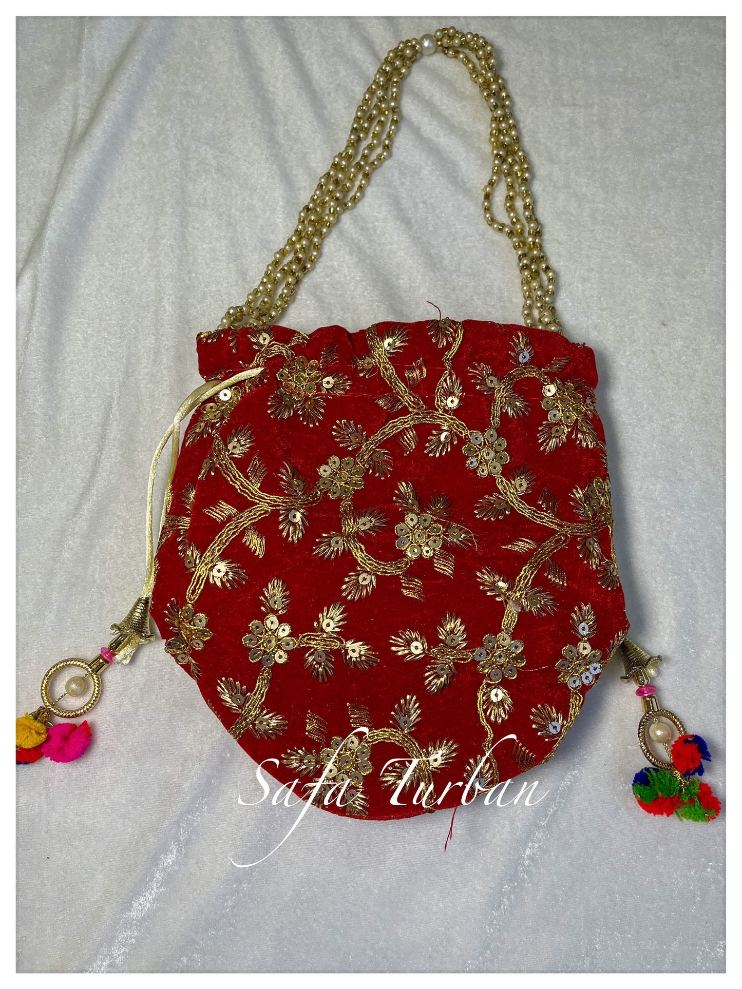 Multi Colour Potli Bag for women with Golden Embroidery and Pearl Handle