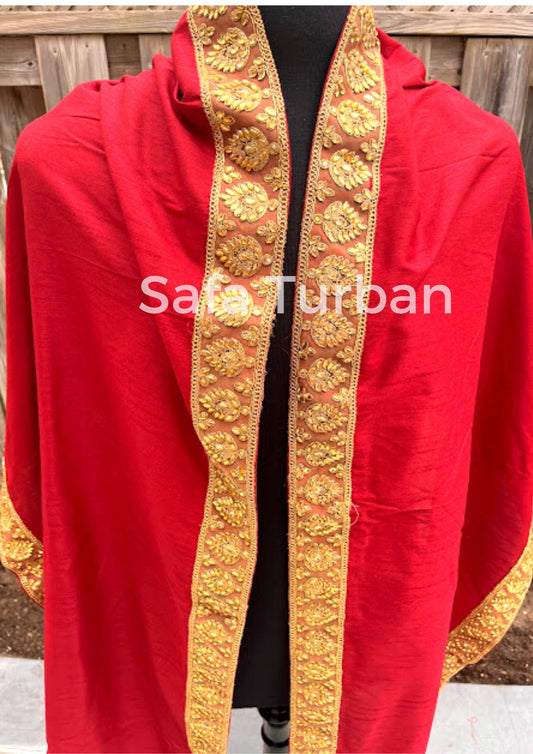 Groom Wedding Shawl- Raw Silk Fabric Shawl for Groom with Golden Border (Bright Red/Maroon) I Groom Palla I Wedding Duppata I Wedding Shawl