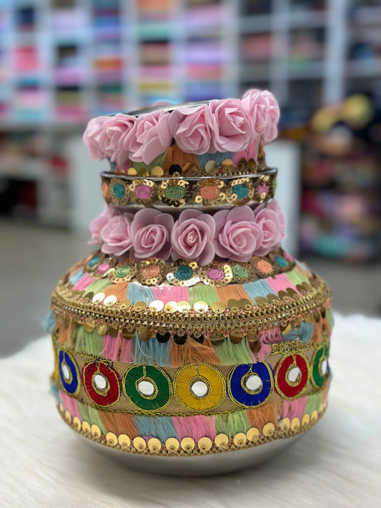 Wedding Accessories-Multicolour Flower Decorated Ghadoli/Matka/Kalash For Wedding/Puja.