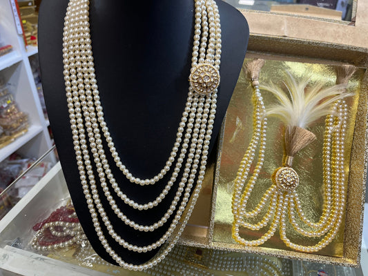 Kalgi  and Pearl Necklace- Paachi Kundan Kalangi/Kalgi, Pearl Necklace with Kundan Brooch for Men's Safa/Groom Pagdi