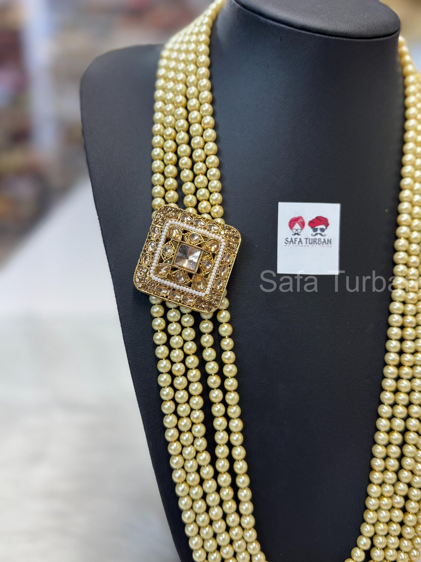 Indian Wedding- Pearl Necklace with Kundan Brooch for Men/Groom for Wedding (5Layers Pearl)