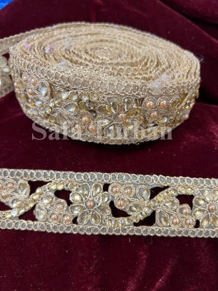 Golden CutWork Kundan Lace 1.5"(inch) for Dresses, Sarees, Lehenga, Suits, Blouses, Dupatta, Chunri, and Craft