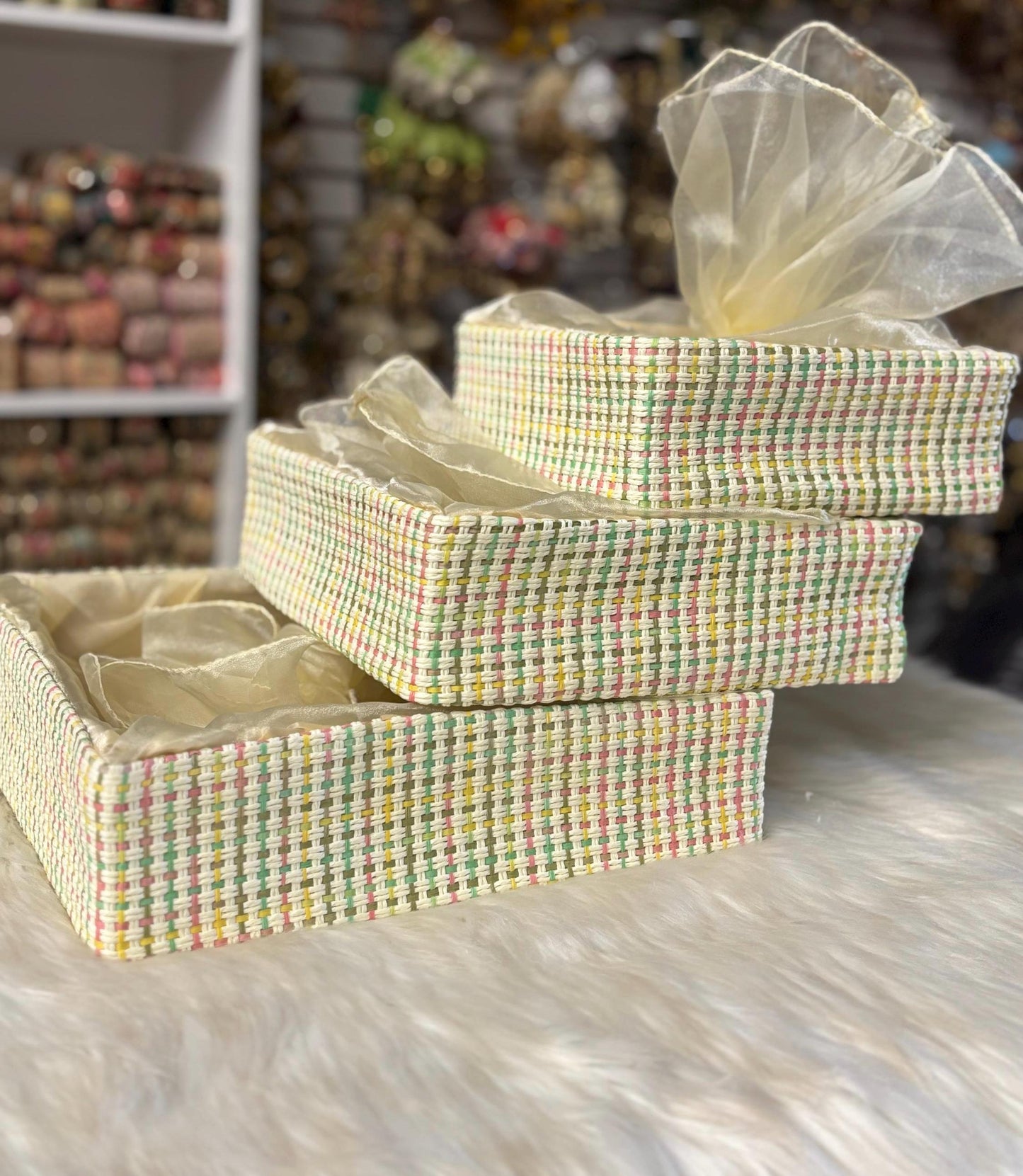 Fancy Gift Hamper Basket, Wedding Gift Packing Basket, Basket with Net, Wedding Hamper Trays, Pack of 3
