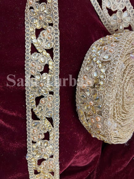 Golden CutWork Kundan Lace 1.5"(inch) for Dresses, Sarees, Lehenga, Suits, Blouses, Dupatta, Chunri, and Craft