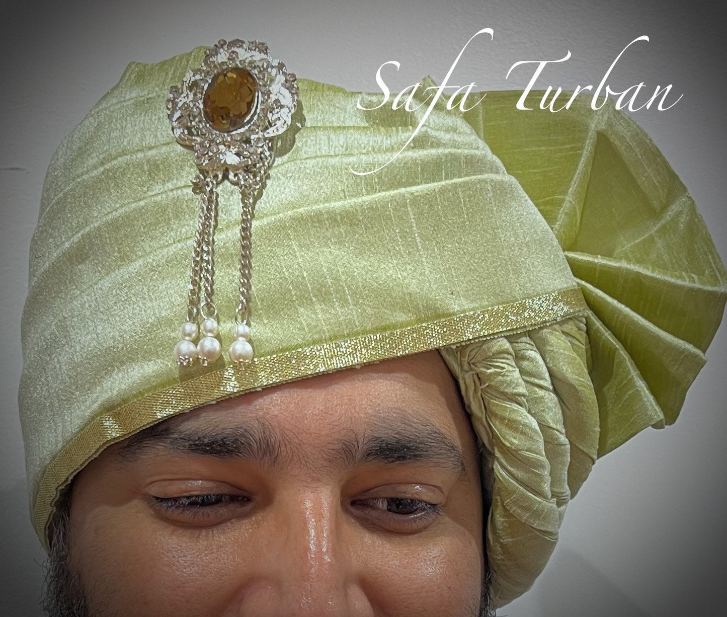 Indian Wedding- Raw Silk fabric handmade Safa for groom in Pista Green colour, Groom Head Safa Turban/Pagdi/Premade Turban Headwrap forDulha