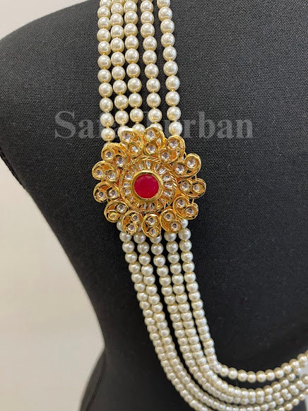 Indian Wedding- Pearl Necklace with Kundan Brooch for Men/Groom for Wedding (5Layers Pearl)