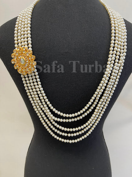 Indian Wedding- Pearl Necklace with Kundan Brooch for Men/Groom for Wedding (5Layers Pearl)