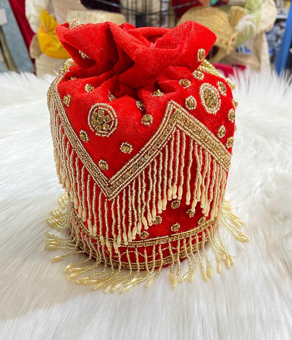 Designer Bridal Potli Bag for women with Embroidery and Embellished Stones- Red and Golden