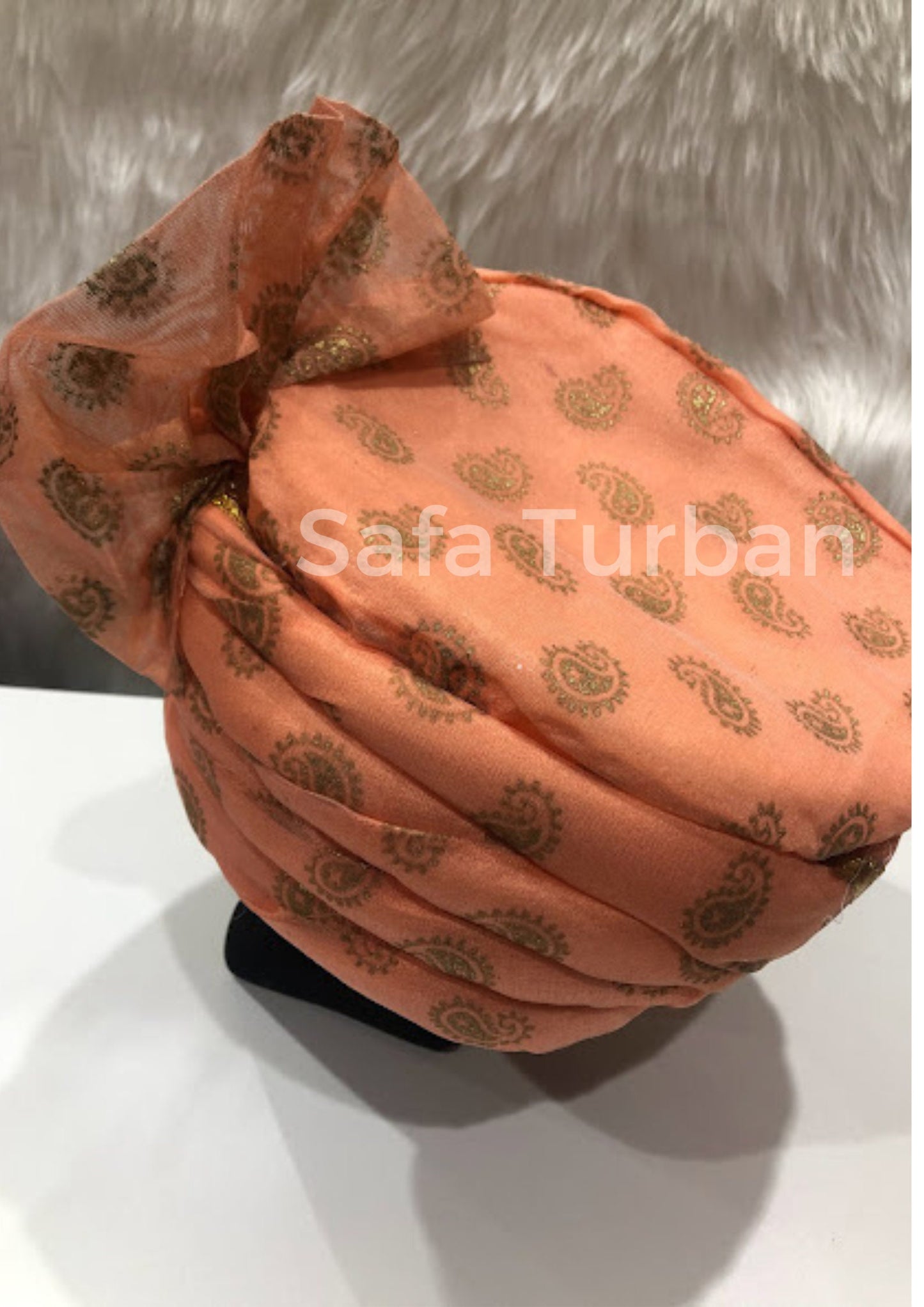 Wedding Turban- Peach Safa with Golden Golden Border and Pasley Design- Safa Turban/Premade Turban/ Wedding Safa (Baraati/Family Turban)