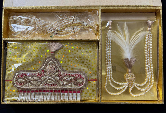 Kalgi, Sehra and Pearl Necklace Set -  Kalangi/Kalgi, Traditional Sehra, Pearl Necklace with Brooch for Groom (Trio Combo)