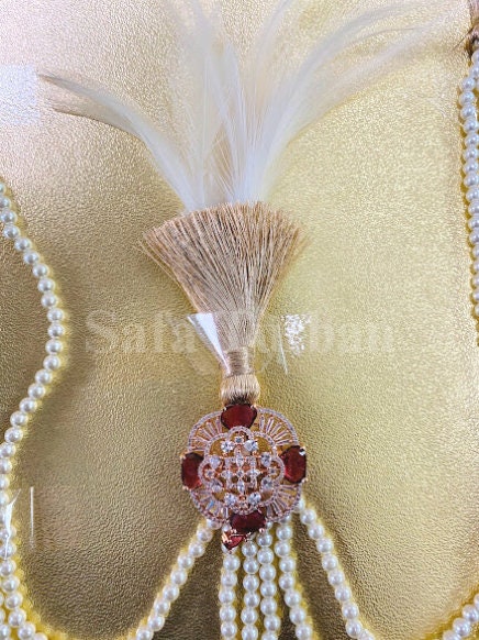 Indian Wedding Accessories-  Kalangi/Kalgi for Men's Safa/Groom Turban in AD (American Dimond) (Red Stone with offwhite/cream pearl string)