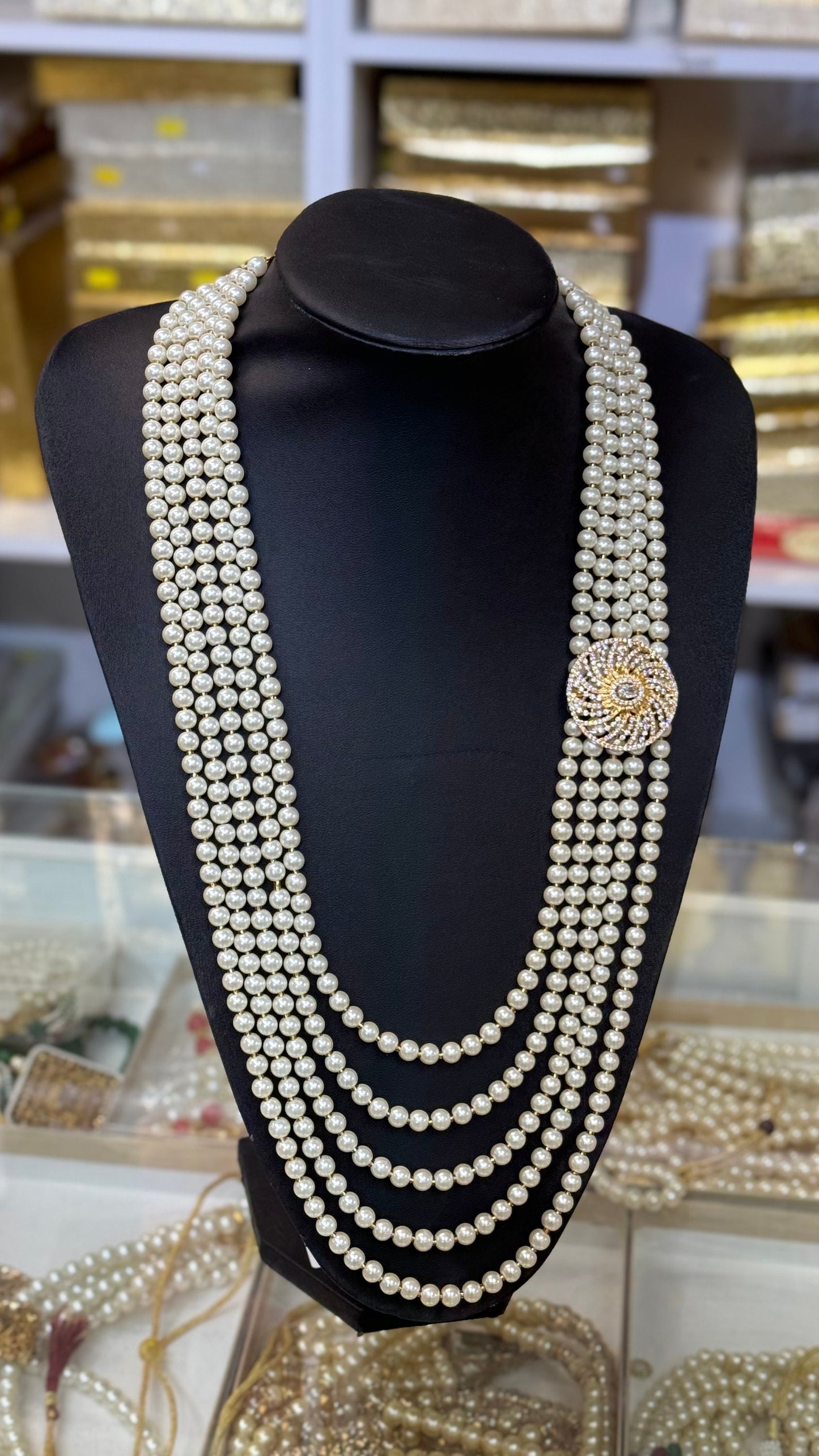 Indian Wedding- Pearl Stone Five Layer  Studded Necklace for Men/Groom for Wedding