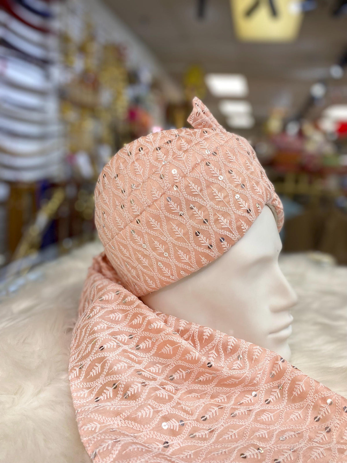 Groom Wedding Turban- Peach Chikankari AdjustableTurban(with velcro)- Safa Turban/Pagdi/Premade Turban/ Wedding Safa/Turban/Pagdi for Men