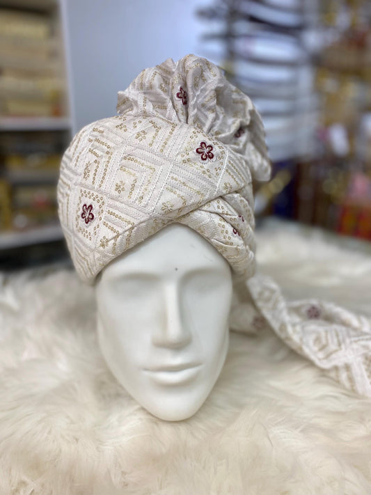 Groom Wedding Turban- White Chikankari AdjustableTurban(with velcro) with Maroon Flower Design- Safa, Pagdi, Premade Turban/ Wedding Safa