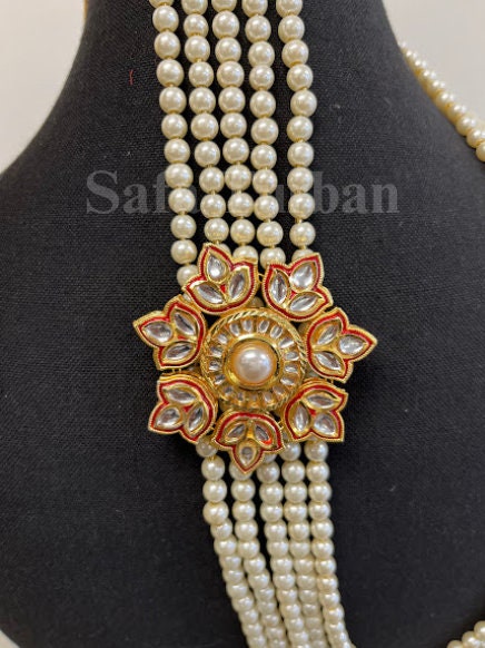 Indian Wedding- Pearl Necklace with Kundan Brooch for Men/Groom for Wedding (5Layers Pearl)