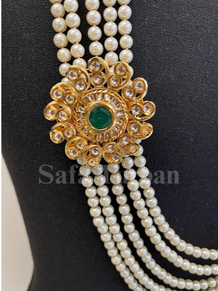 Indian Wedding- Pearl Necklace with Kundan Brooch for Men/Groom for Wedding (5Layers Pearl)