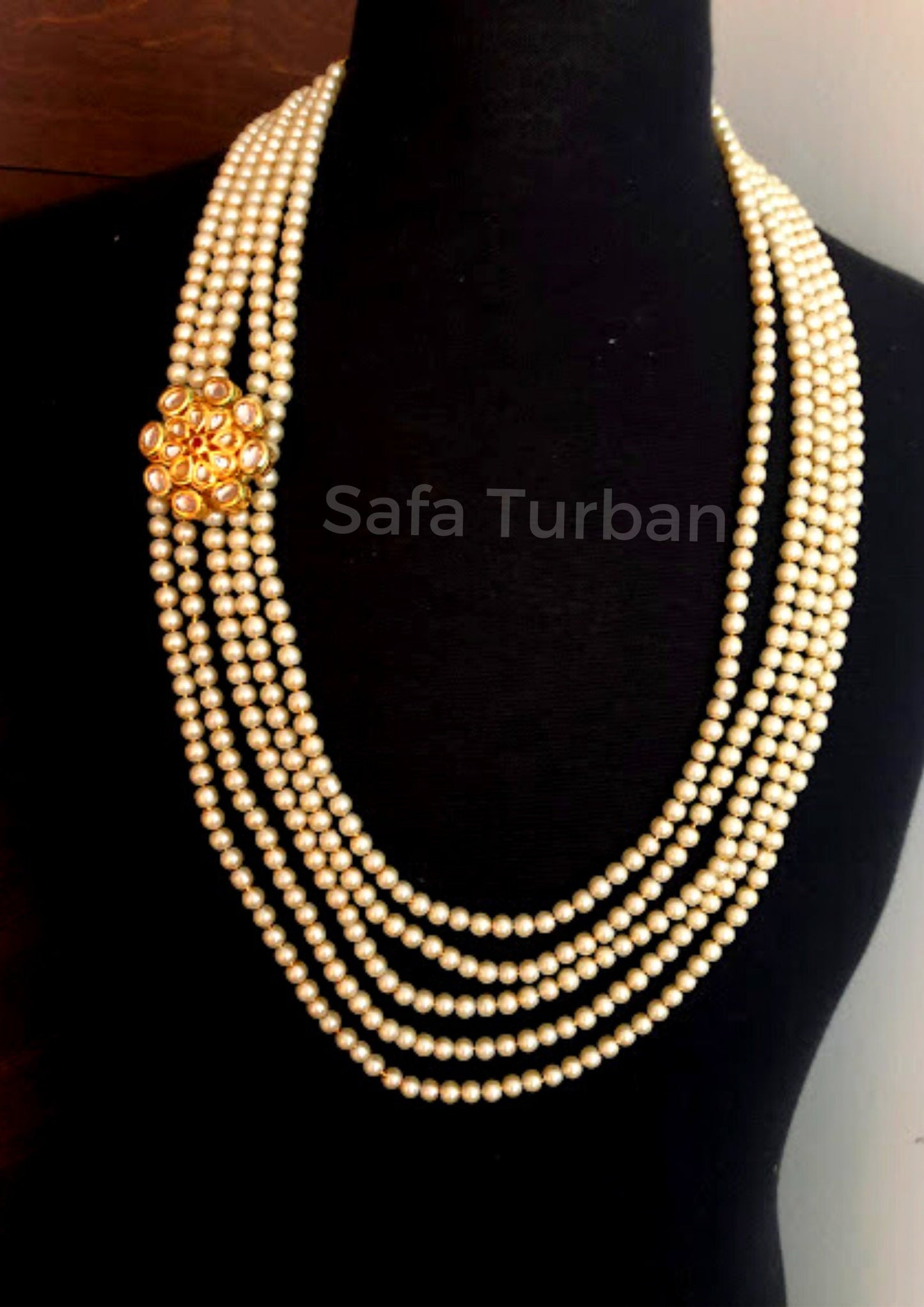Indian Wedding- Pearl Necklace with Kundan Brooch for Men/Groom for Wedding (Cream/Golden Beads)