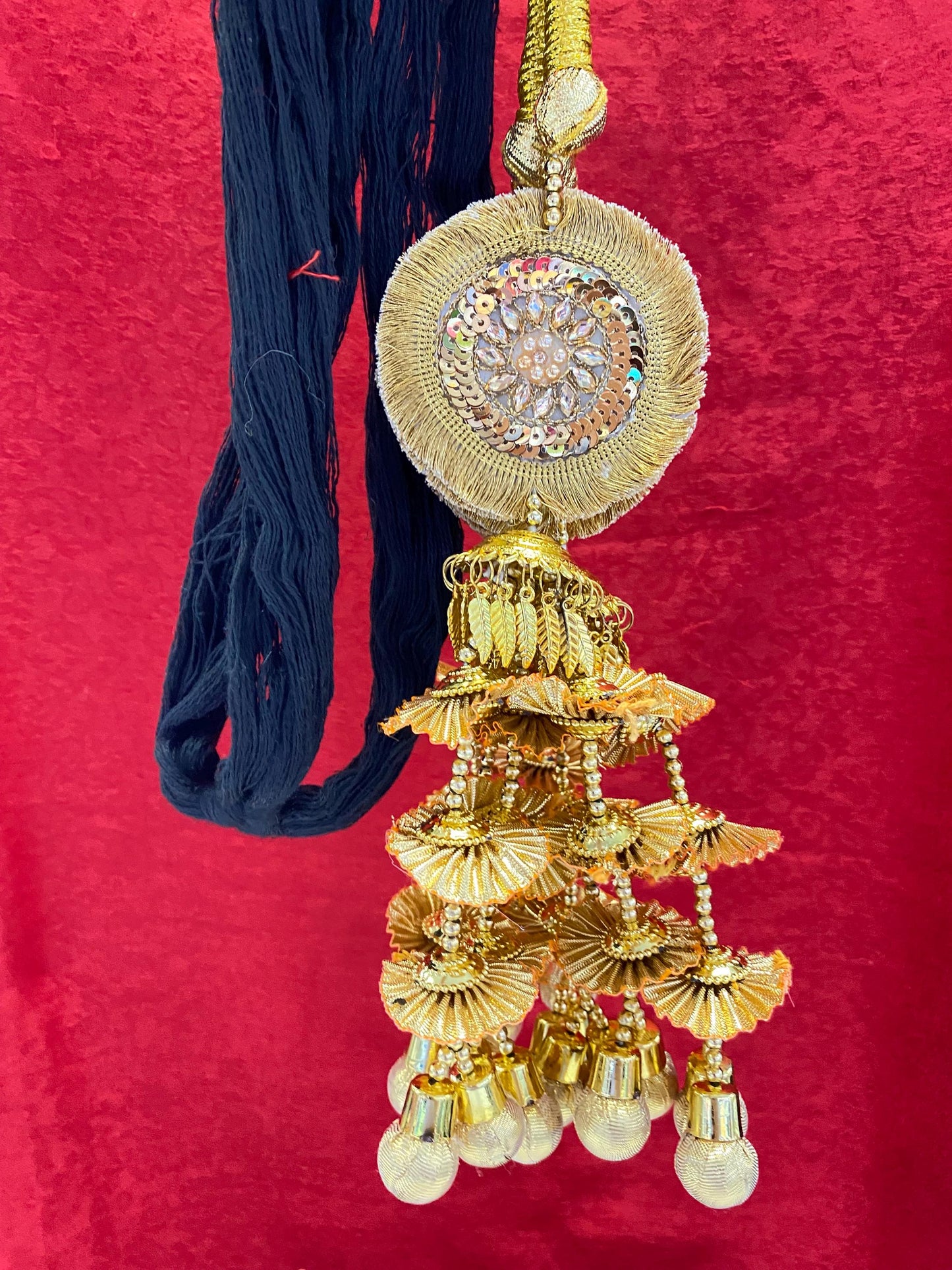 Punjabi Golden Colour Fabric Parandi Tassles Hair Extensions with Beads for Women and Girls (Sold per piece)