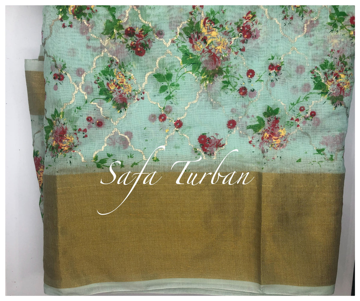 Sea Green Floral Safa Fabric- Turban Fabric/Safa/Pagdi/Pheta Cloth (Floral) for Barati/Groom/Social Occasion