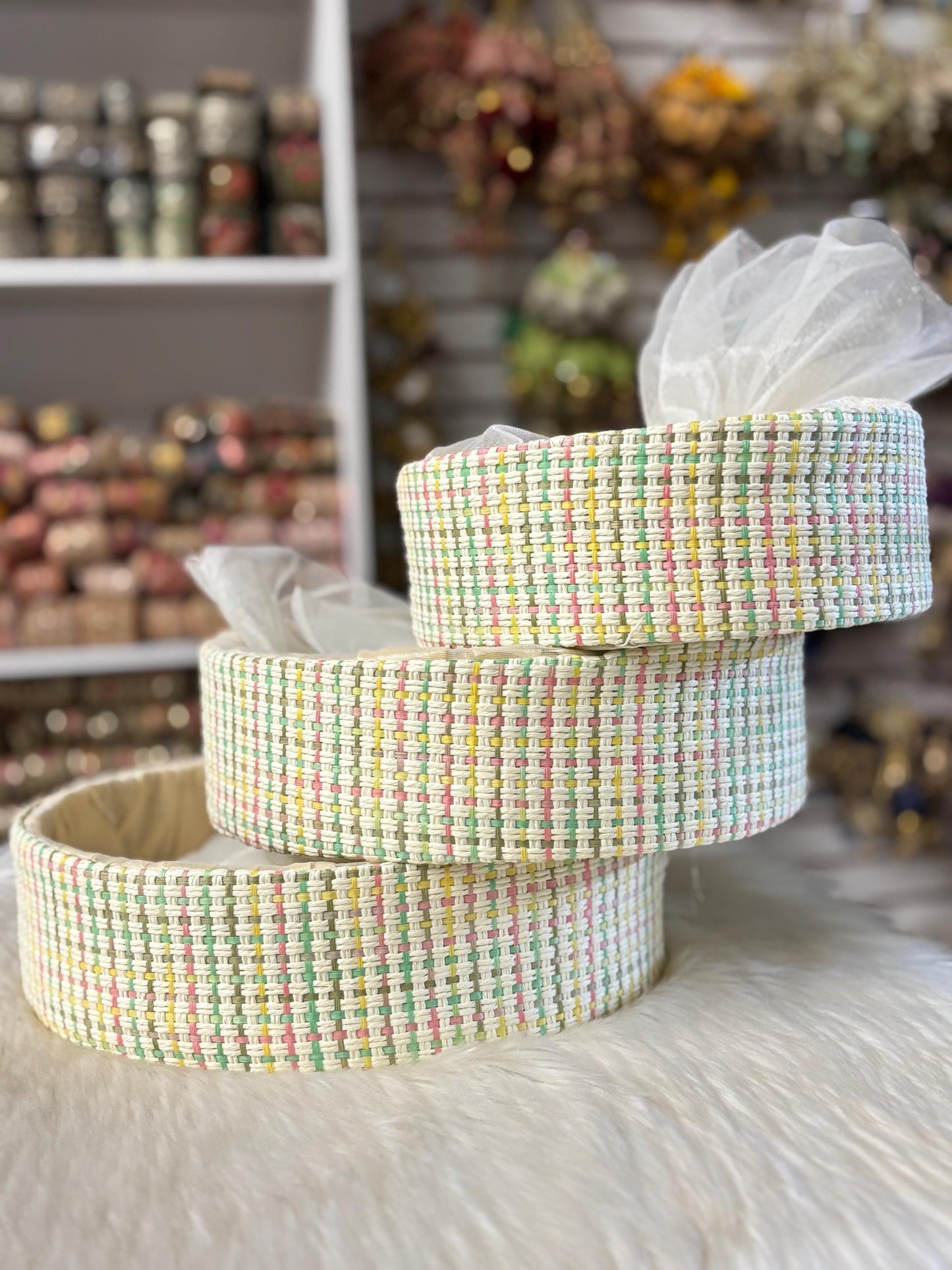 Fancy Gift Hamper Basket, Wedding Gift Packing Basket, Basket with Net, Wedding Hamper Trays, Pack of 3