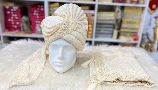 Groom Wedding Turban-Cream Turban with Palla - Safa Turban/Pagdi/Premade Turban/ Wedding Safa/Turban/Pagdi for Men (Groom)/ Thalapa