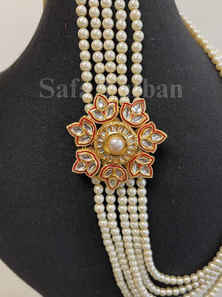 Indian Wedding- Pearl Necklace with Kundan Brooch for Men/Groom for Wedding (5Layers Pearl)