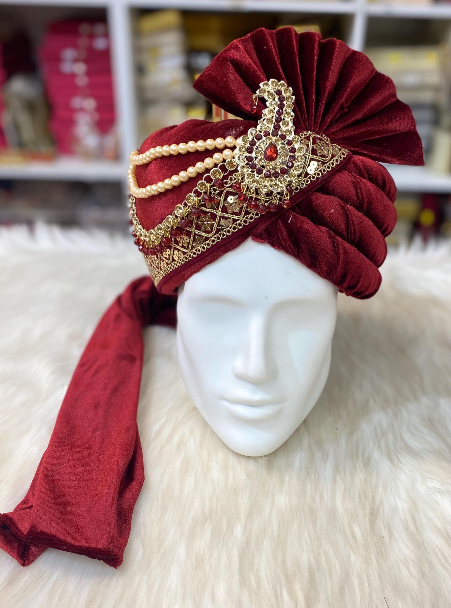 Groom Wedding Turban-Red Velvet Turban with Shawl- Safa Turban/Pagdi/Premade Turban/ Wedding Safa/Turban/Pagdi for Men (Groom)/ Thalapa