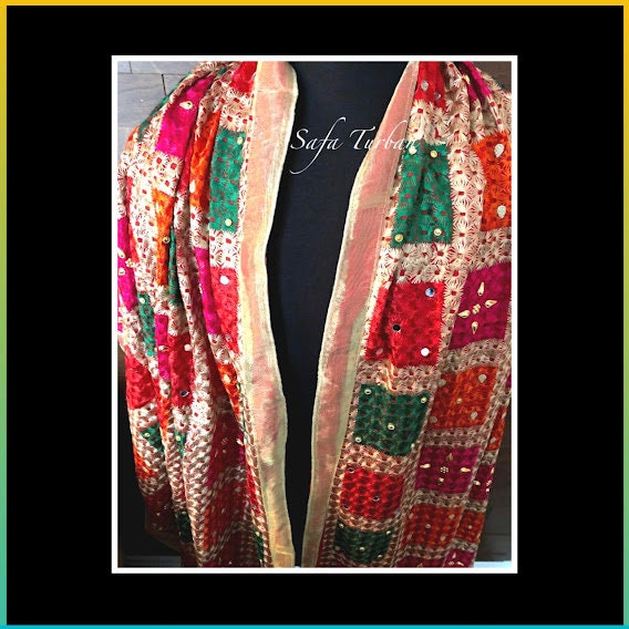 Phulkari Dupatta- Women's Chiffon Phulkari Dupatta, Scarf, Multicolour Fulkari Chunni, Dupatta