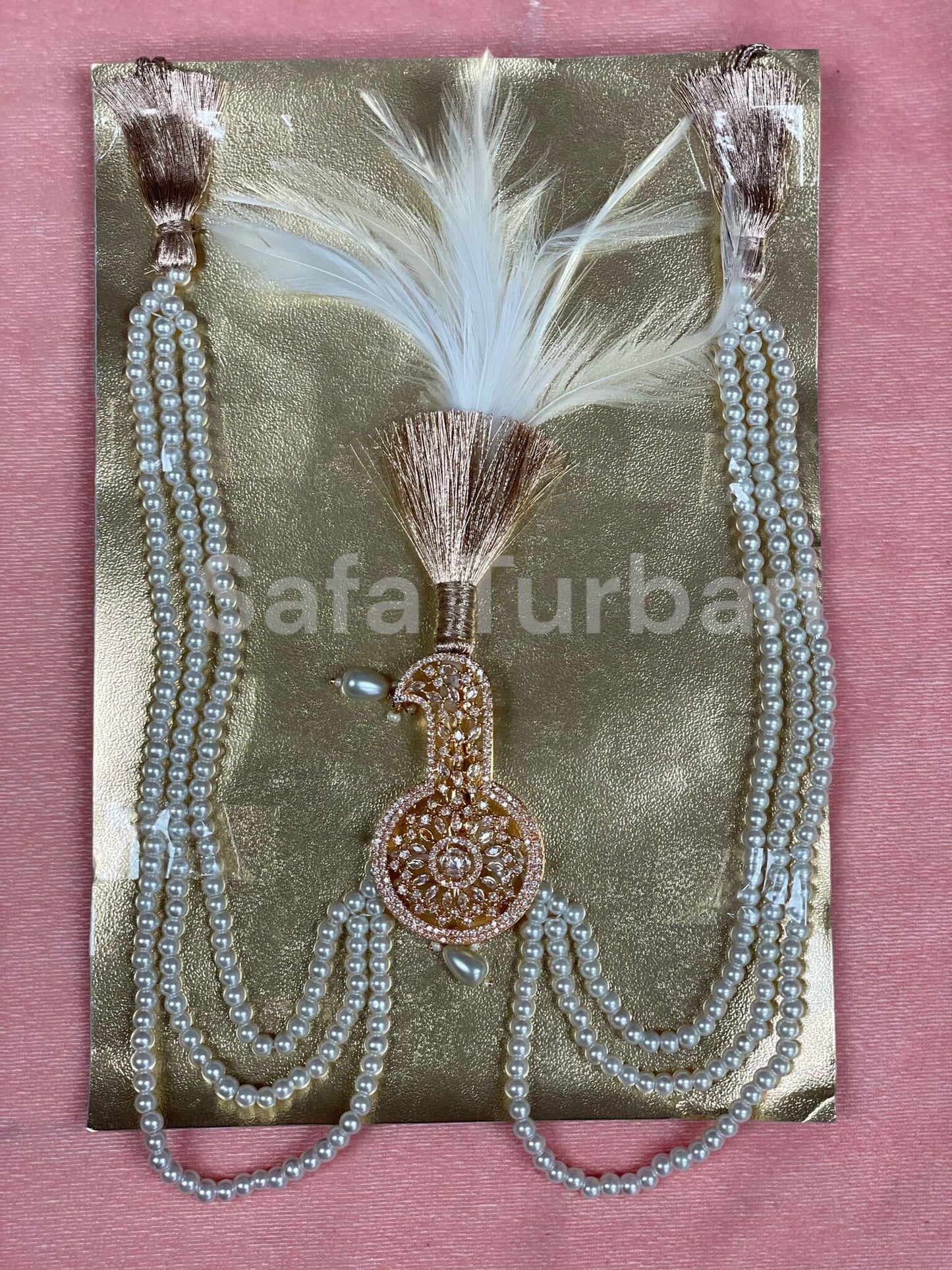 Indian Wedding Accessories-  Kalangi/Kalgi for Men's Safa/Groom Turban in AD Stone (American Dimond) (With offwhite/cream pearl string)