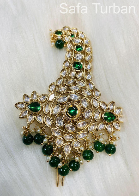 Indian Groom Wedding Accessories- Green Colour- Pachi Kundan Kalangi/Kalgi for Men's Safa/Groom Pagdi