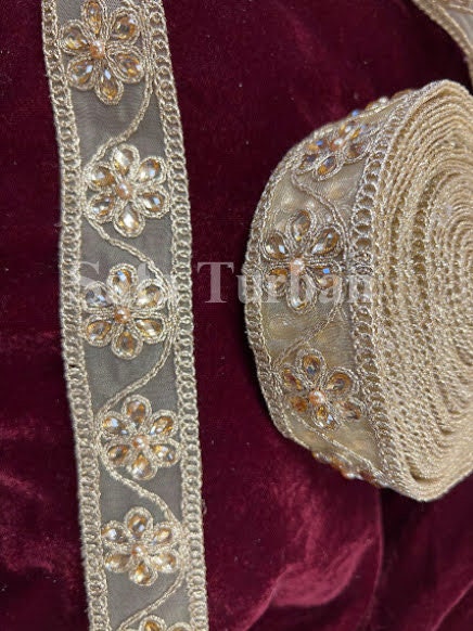 Golden Kundan Stone Lace 1.5" for Dresses, Sarees, Lehenga, Suits, Blouses, Dupatta, Chunri, and Craft