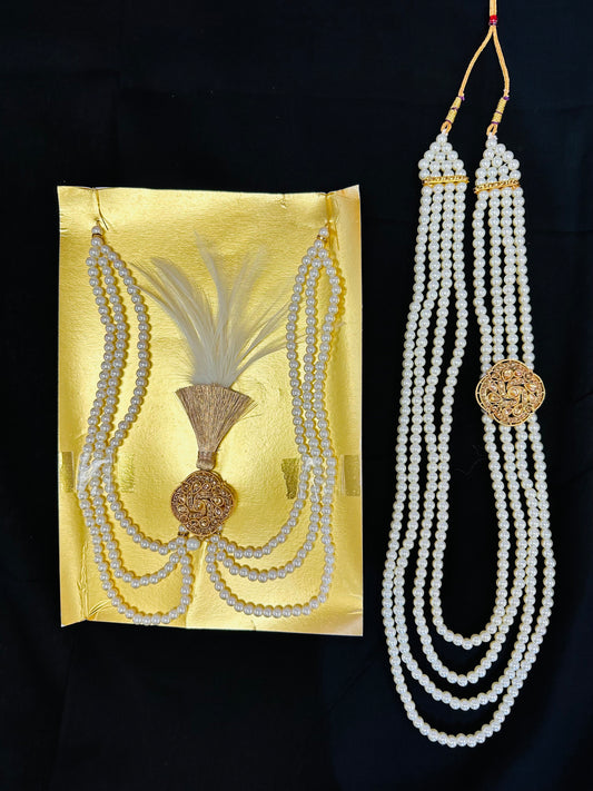 Kalgi  and Pearl Necklace- Kundan Kalangi/Kalgi, Pearl Necklace with Kundan Brooch for Men's Safa/Groom Pagdi