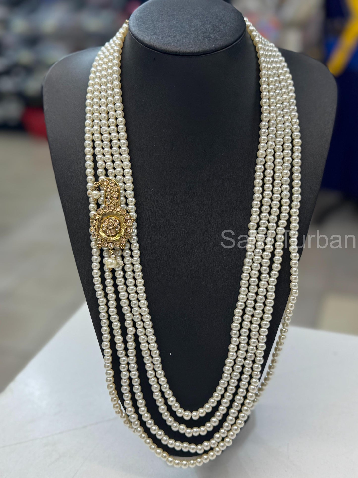 Indian Wedding- Pearl Necklace with Brooch for Men/Groom for Wedding (5Layers Pearl)
