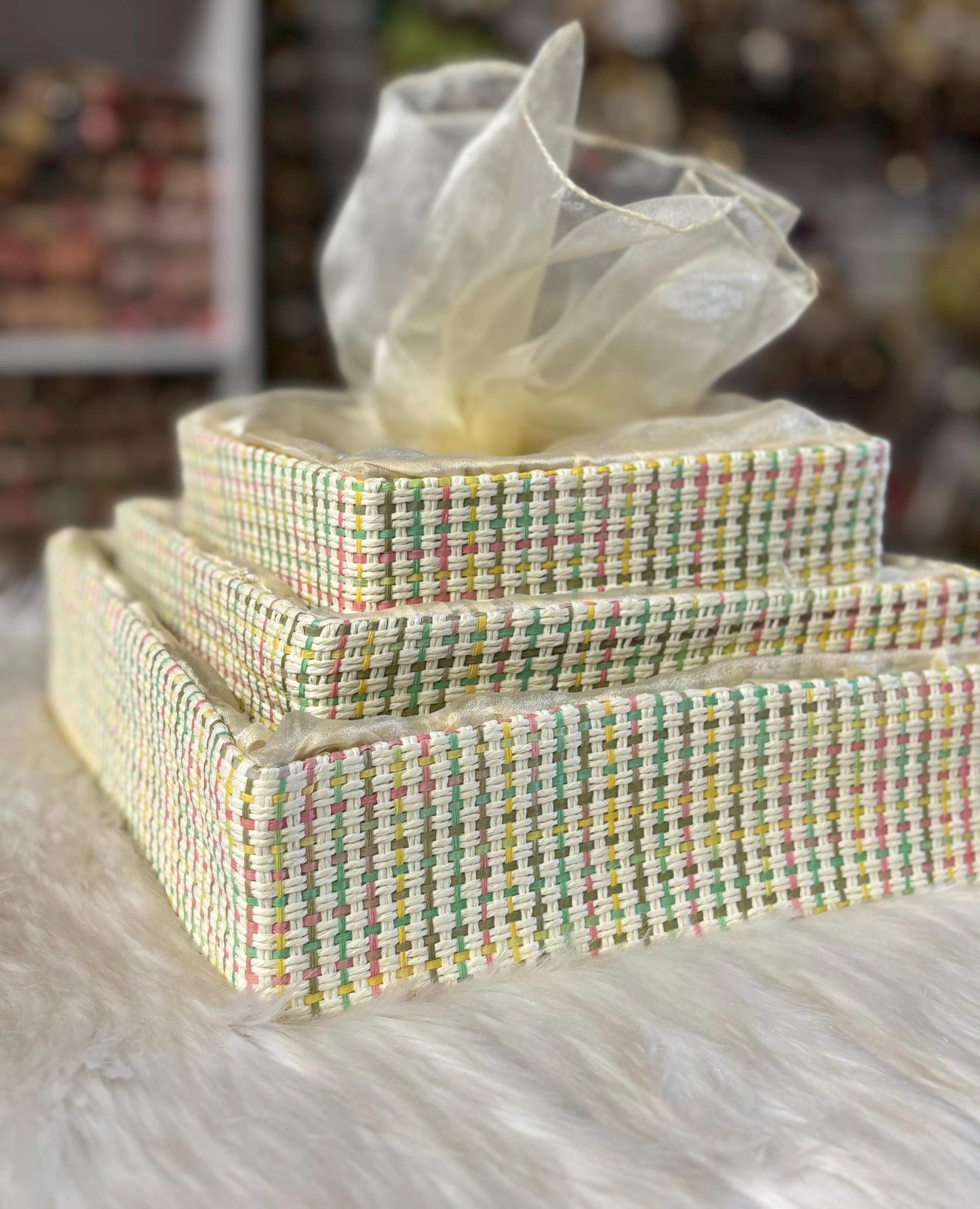 Fancy Gift Hamper Basket, Wedding Gift Packing Basket, Basket with Net, Wedding Hamper Trays, Pack of 3