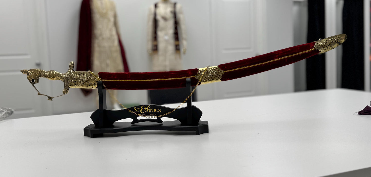 Indian Wedding Decorative Sword/Kirpan- Maroon Colour Sword with Golden work handle/For wedding purpose/Indian Rajput Wedding Sword