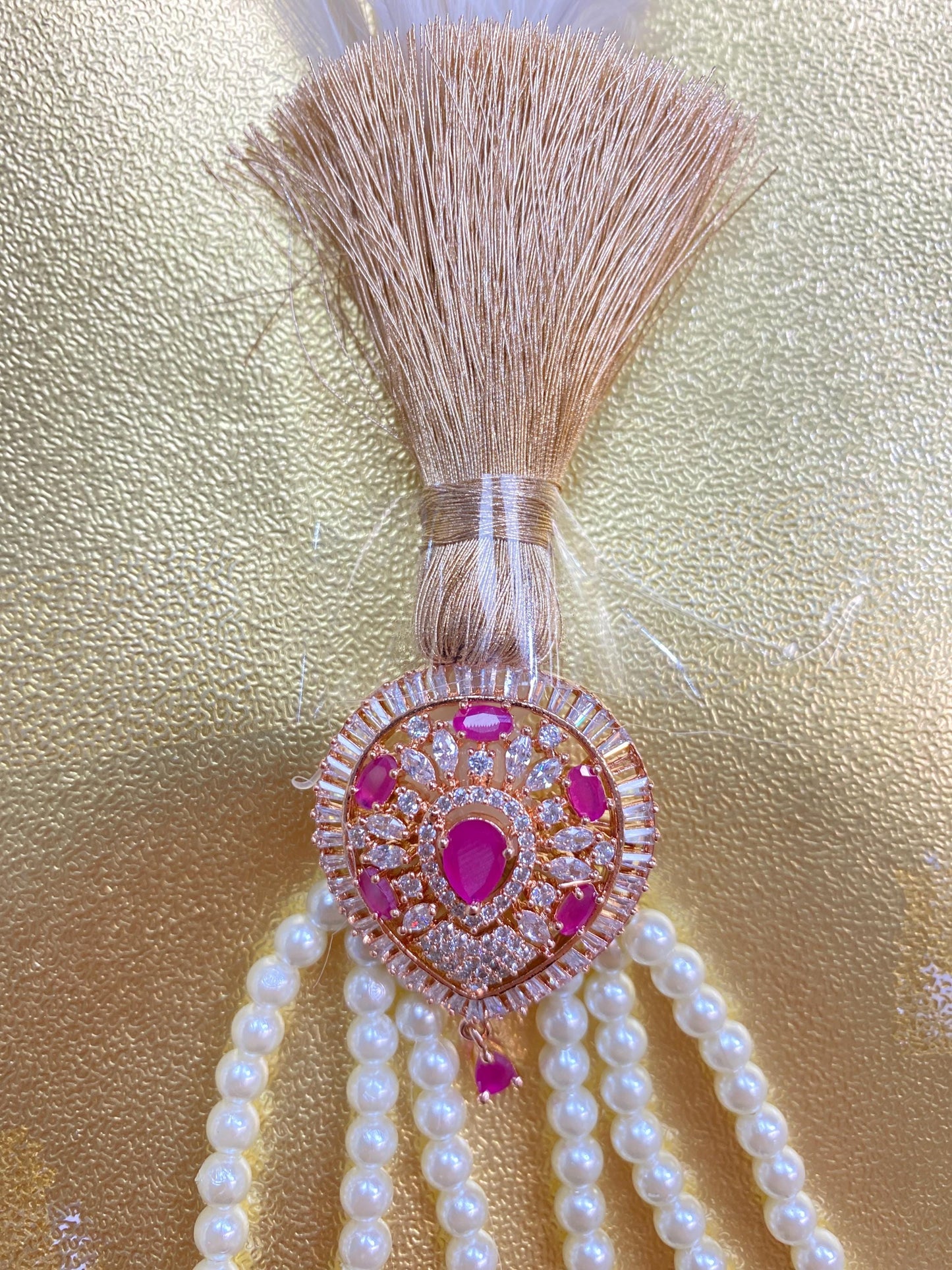 Indian Wedding Accessories-  Pink Kalgi For Groom Turban/Safa With Pearl Stands