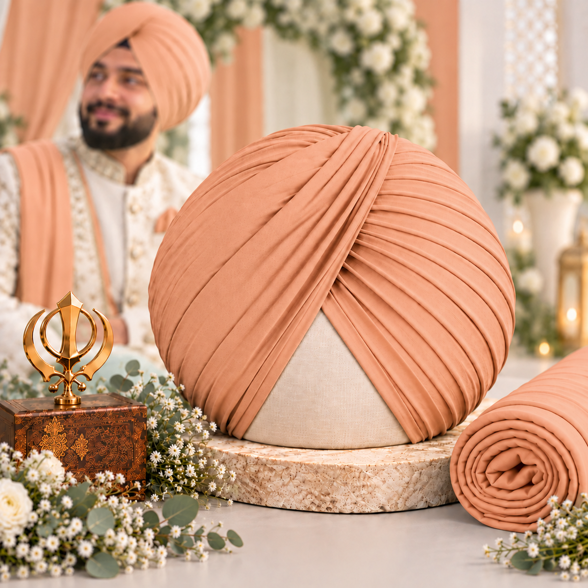 Sikh Turban- Peach Colour (Full Voile and Rubia(Medium)/Half and Half Voile)