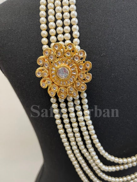 Indian Wedding- Pearl Necklace with Kundan Brooch for Men/Groom for Wedding (5Layers Pearl)