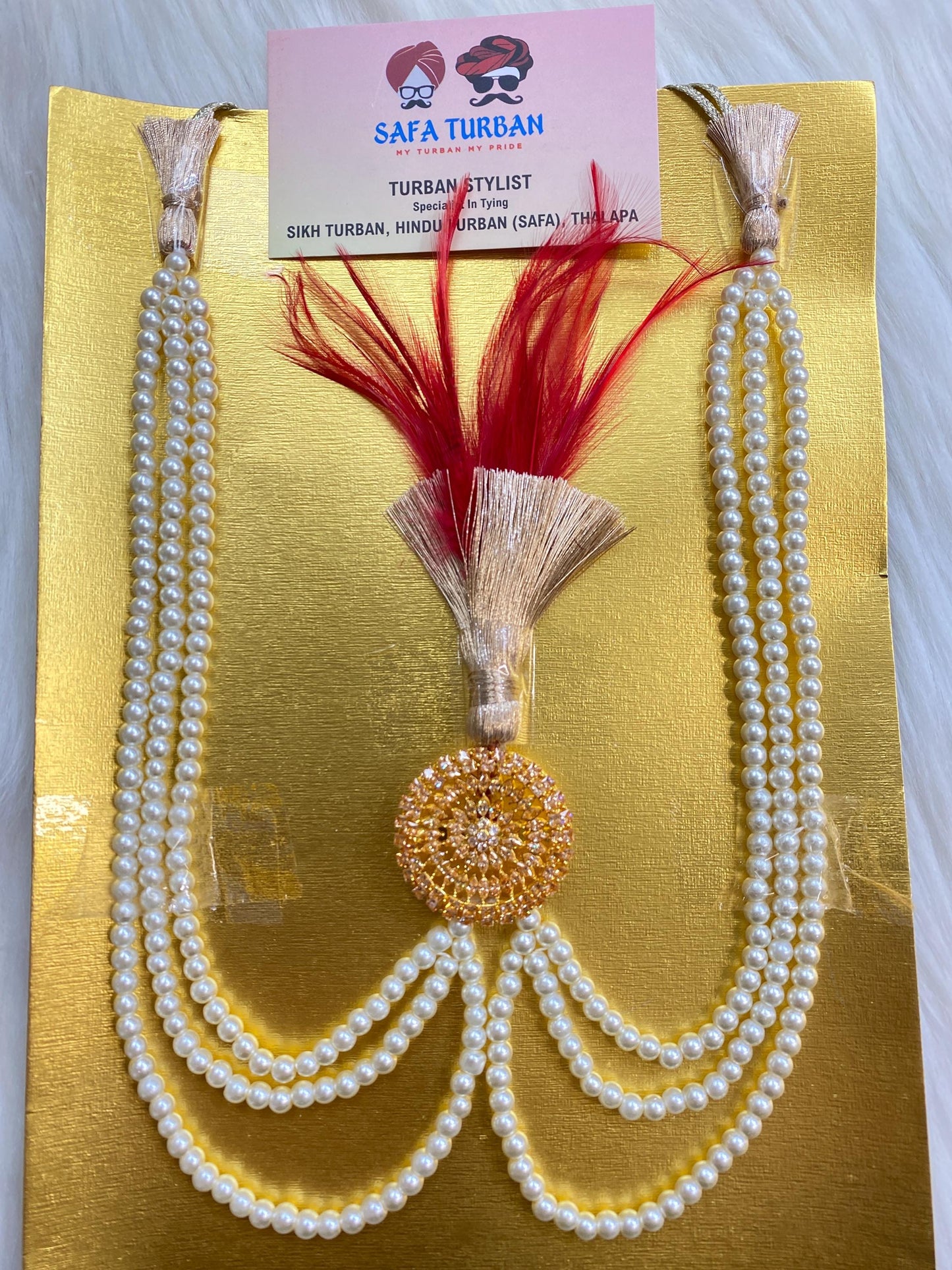 Indian Wedding Accessories-  AD-Golden Kalgi For Groom Turban/Safa With Pearl Stands