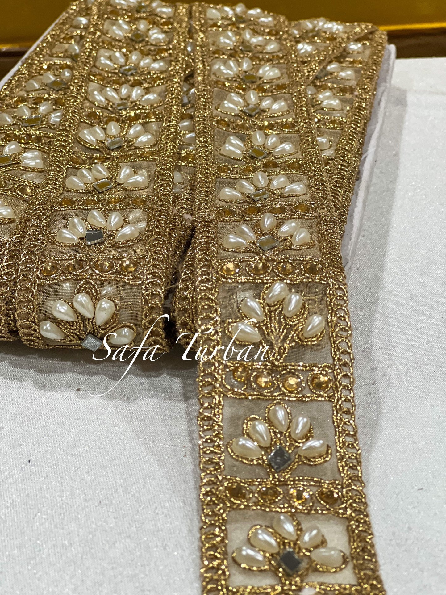 Golden Lace with pearl work 1.5" (inch) for Dresses, Sarees, Lehenga, Suits, Blouses, Dupatta, Chunri, and Craft