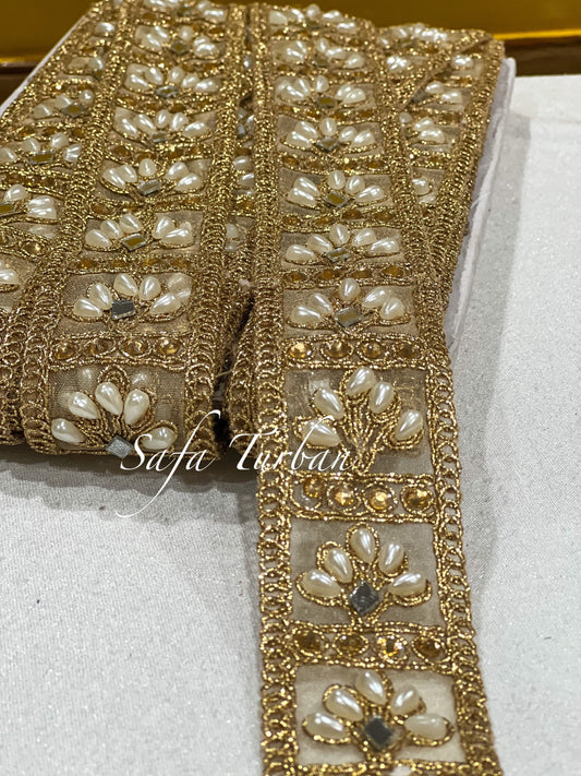 Golden Lace with pearl work 1.5" (inch) for Dresses, Sarees, Lehenga, Suits, Blouses, Dupatta, Chunri, and Craft