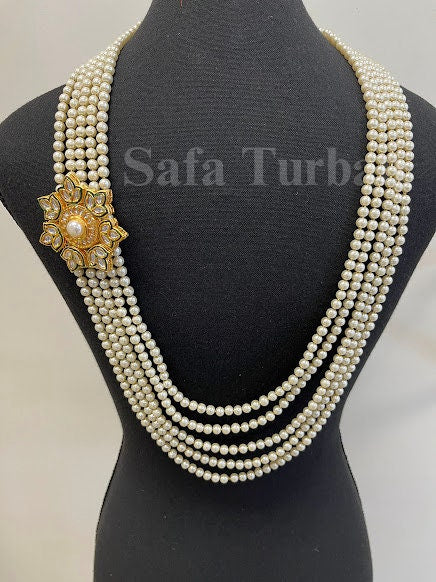 Indian Wedding- Pearl Necklace with Kundan Brooch for Men/Groom for Wedding (5Layers Pearl)
