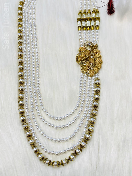 Indian Wedding- Pearl Stone Five Layer  Studded Necklace for Men/Groom for Wedding