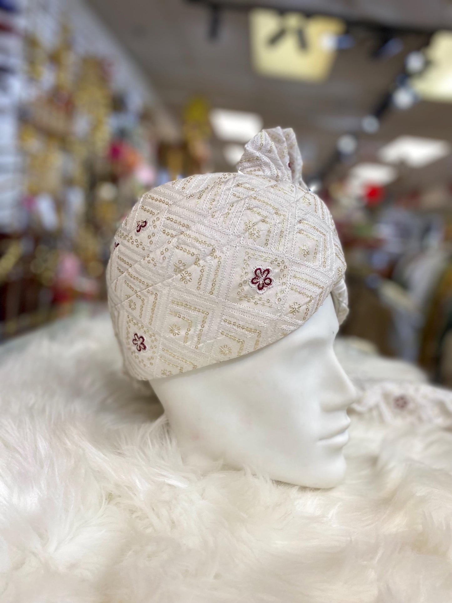 Groom Wedding Turban- White Chikankari AdjustableTurban(with velcro) with Maroon Flower Design- Safa, Pagdi, Premade Turban/ Wedding Safa