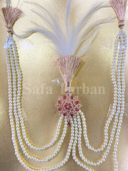 Indian Wedding Accessories-  Kalangi/Kalgi for Men's Safa/Groom Turban (Red beads with white pearl string chain)