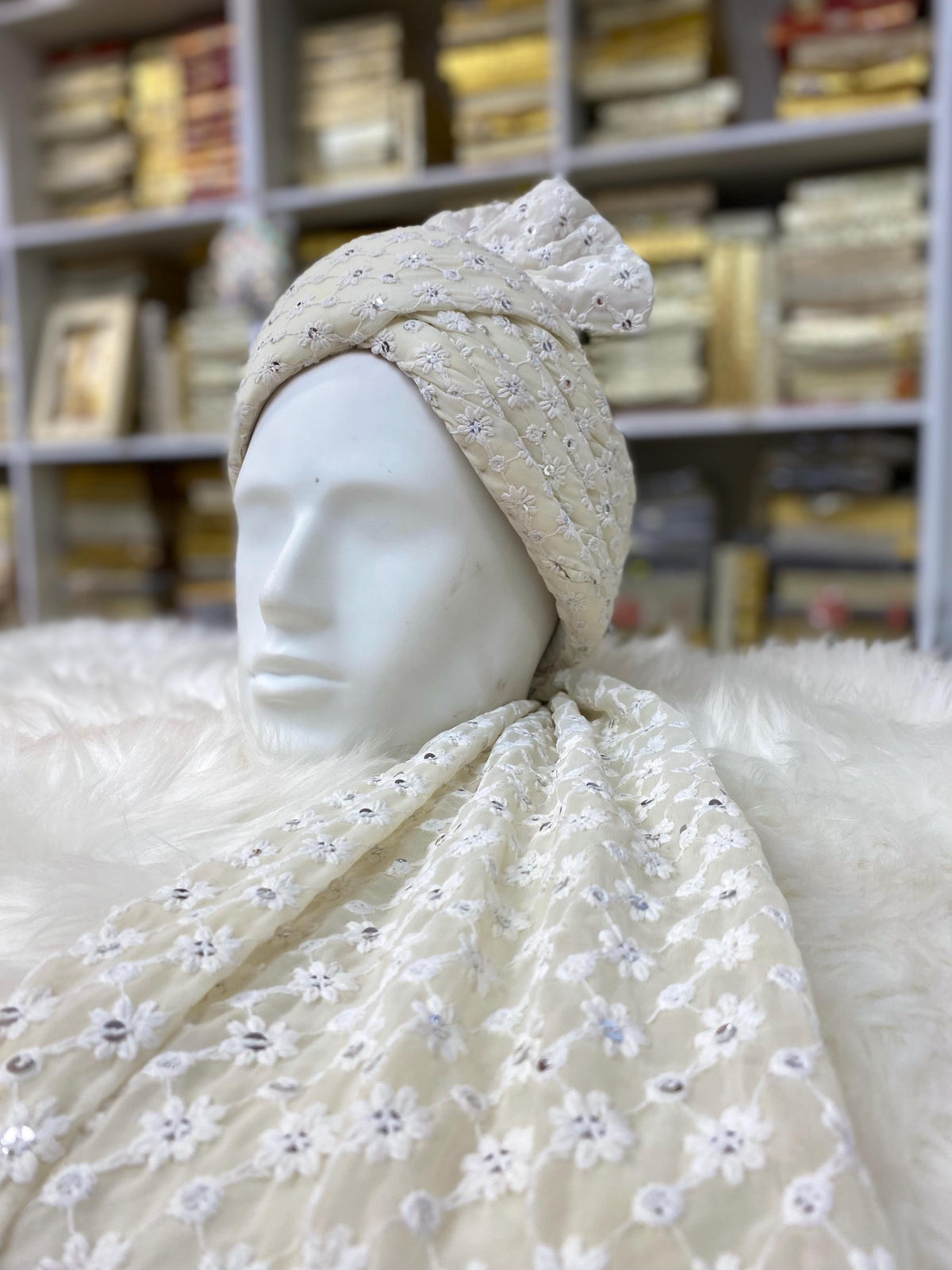 Groom Wedding Turban- Beigh/Cream Chikankari Adjustable Turban(with velcro)- Safa Turban/Pagdi/Premade Turban/ Wedding Safa/Turban